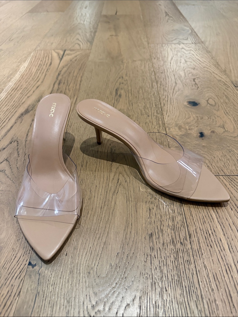 Maeve Nude Pointed Mule Heels with Clear Strap